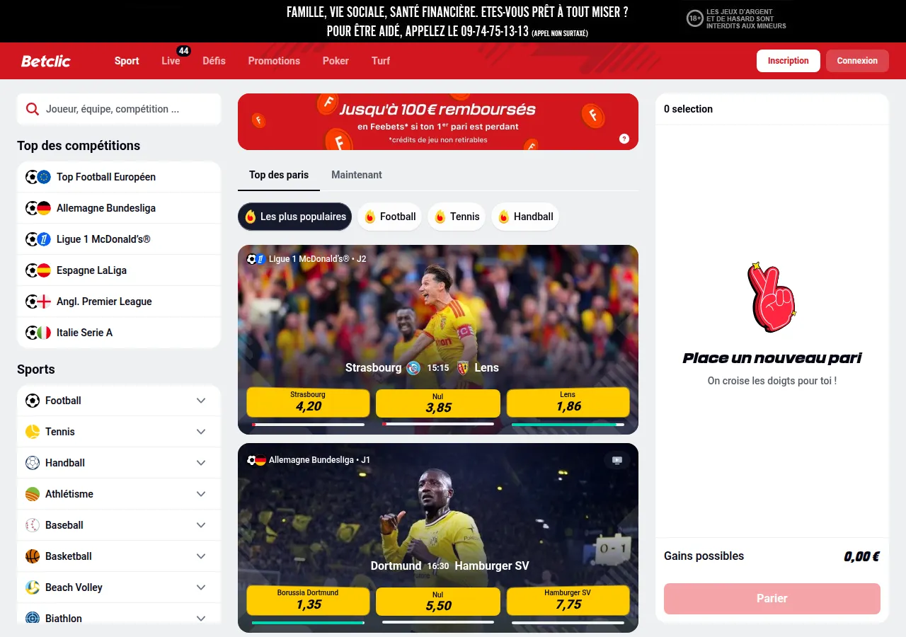 Page Betclic.fr montrant les onglets Sport, Poker et Turf dans la navigation principale