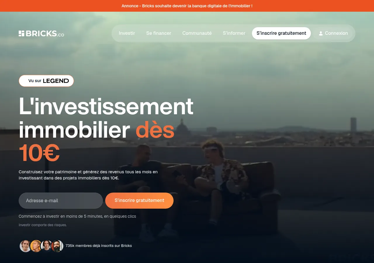 Page d'accueil Bricks.co — investissement immobilier dès 10 €