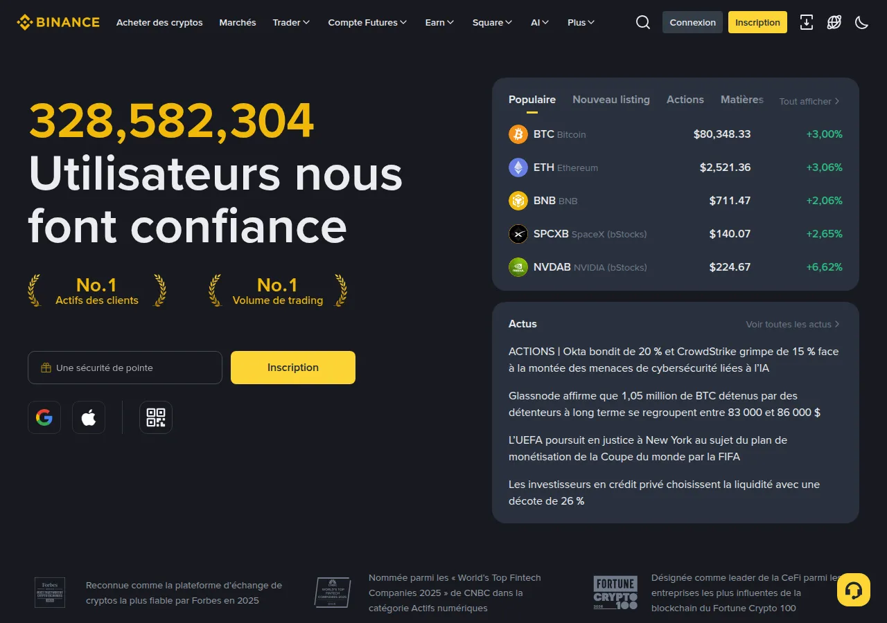 Page d'accueil Binance