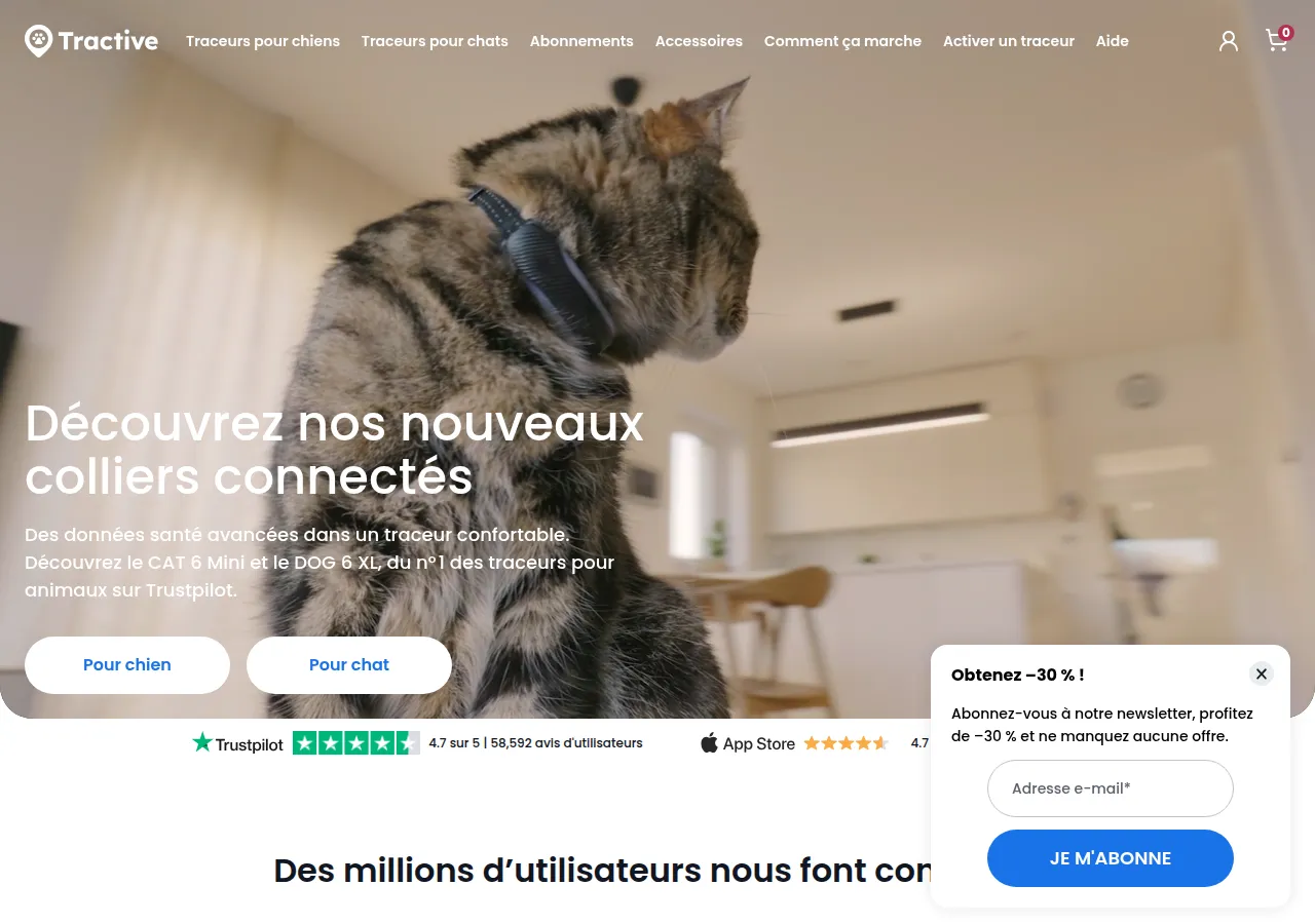 Page d'accueil Tractive — traceur GPS pour chien et chat