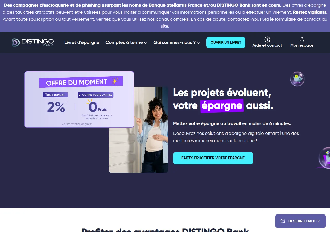 Page Distingo Bank — Livret d'épargne à 2 % et 0 frais