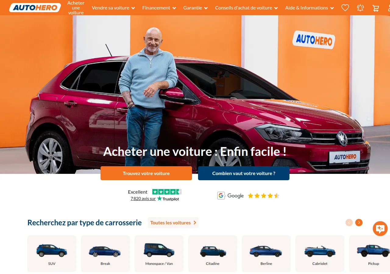 Page d'accueil AutoHero — acheter une voiture d'occasion en ligne