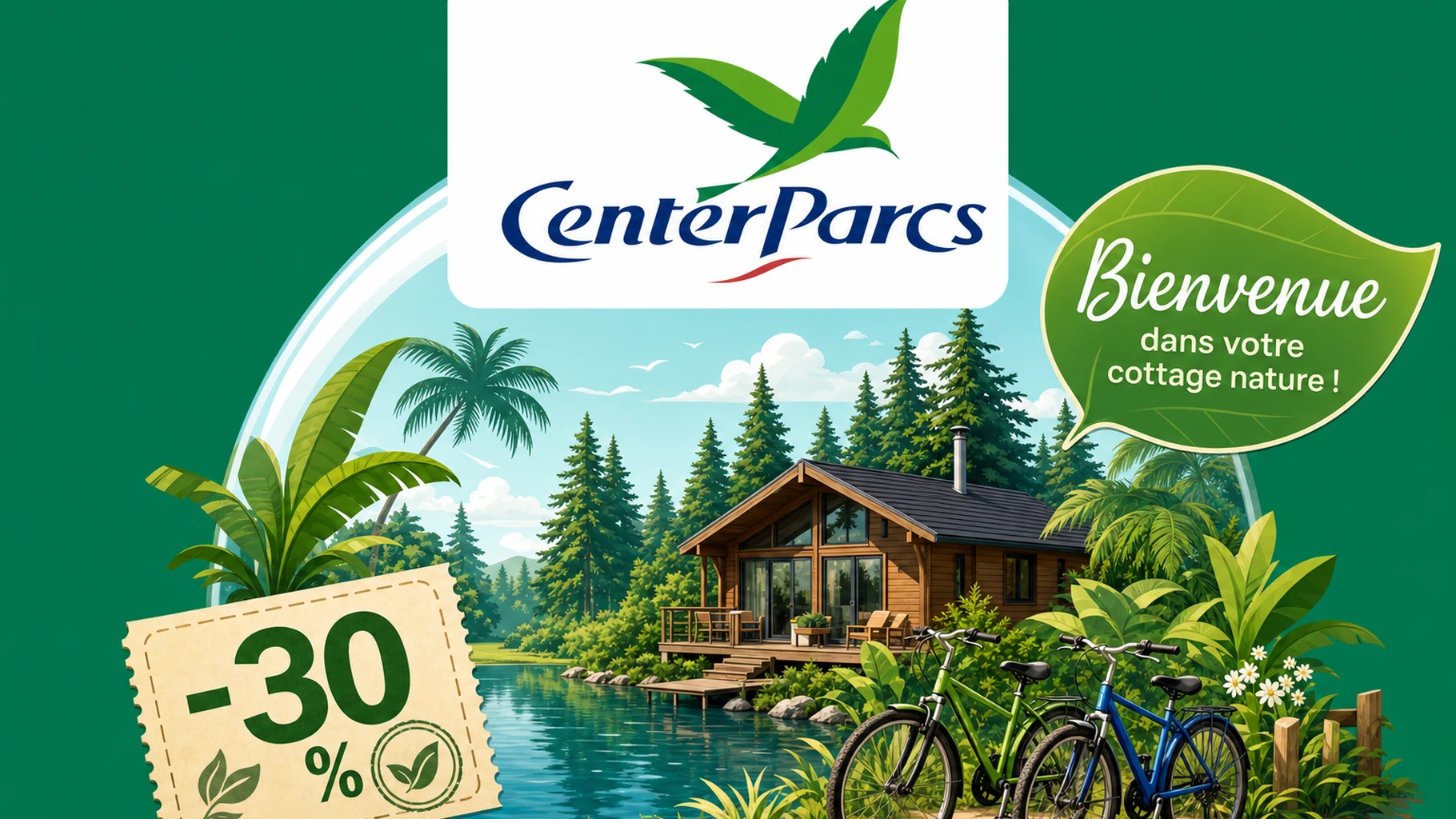 Parrainage Center Parcs 2026 : 30 € de réduction et vélos offerts, le guide complet