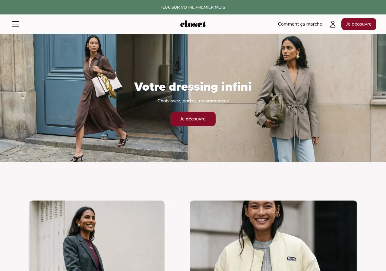 Page d'accueil Le Closet — location de vêtements de marque par abonnement